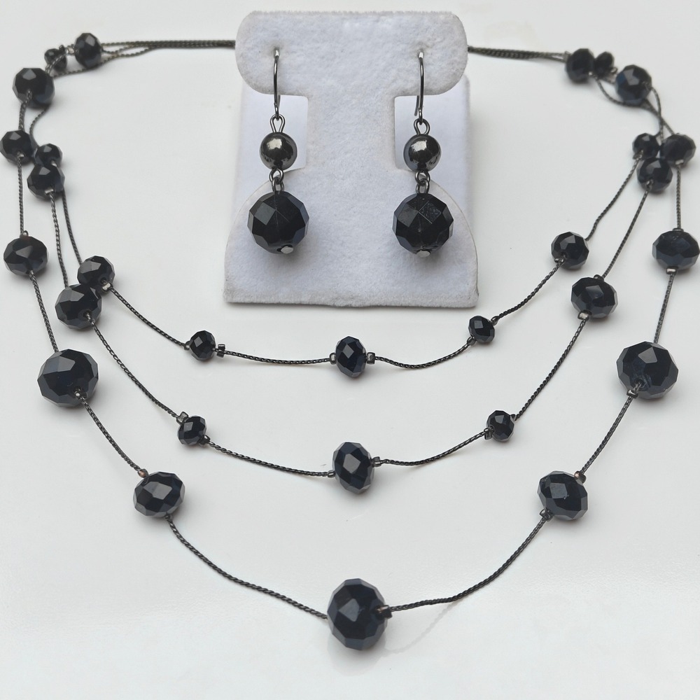 Black Faceted Glass Bead 3 Strand Layered Necklace Drop Earring Jewelry Set